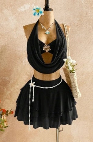 Women's Draped Halter Floral Ruffle Two Piece Set SRGDEDRF-7918-BS