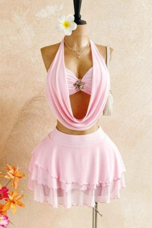 Women's Draped Halter Floral Ruffle Two Piece Set SRGDEDRF-7918-BS