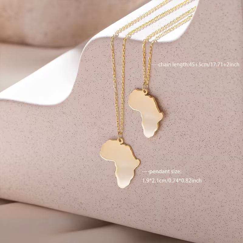 Unisex African Map Pendant Necklace Stainless Steel 18K Gold Plated