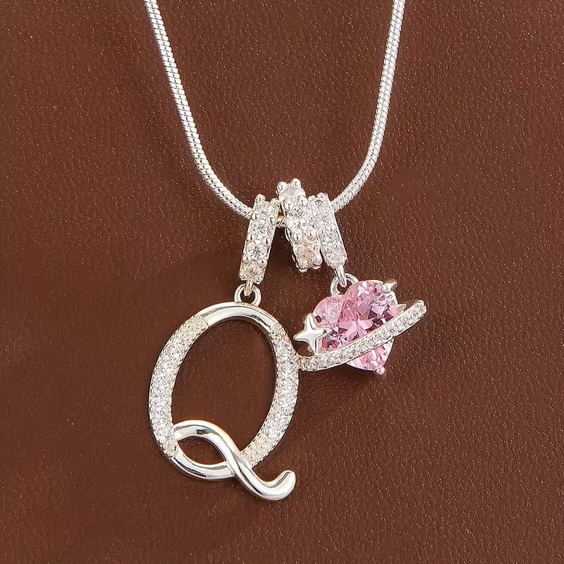 Women's Pink Heart Initial Letter Pendant Clavicle Chain Necklace Jewelry