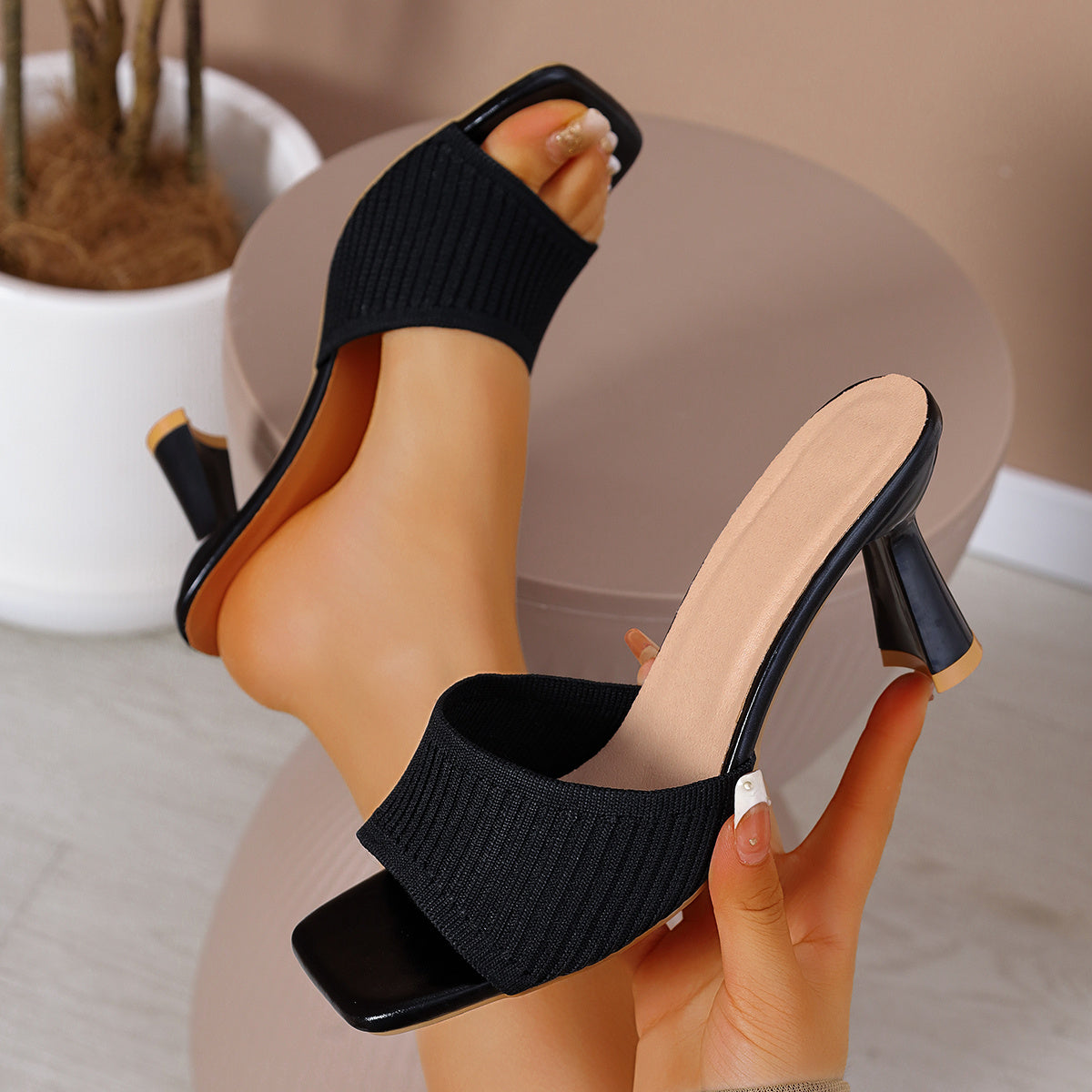Women's Square Toe Chunky Heel Knitted Sandals