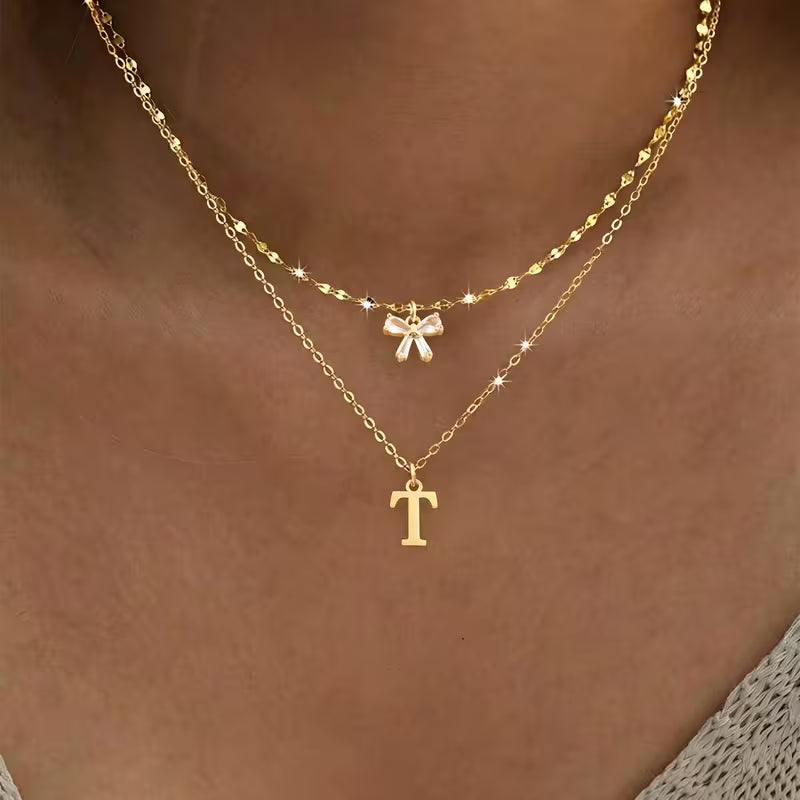 Women's Crystal Bow Initial Pendant Stainless Steel Lip Chain Necklace Set