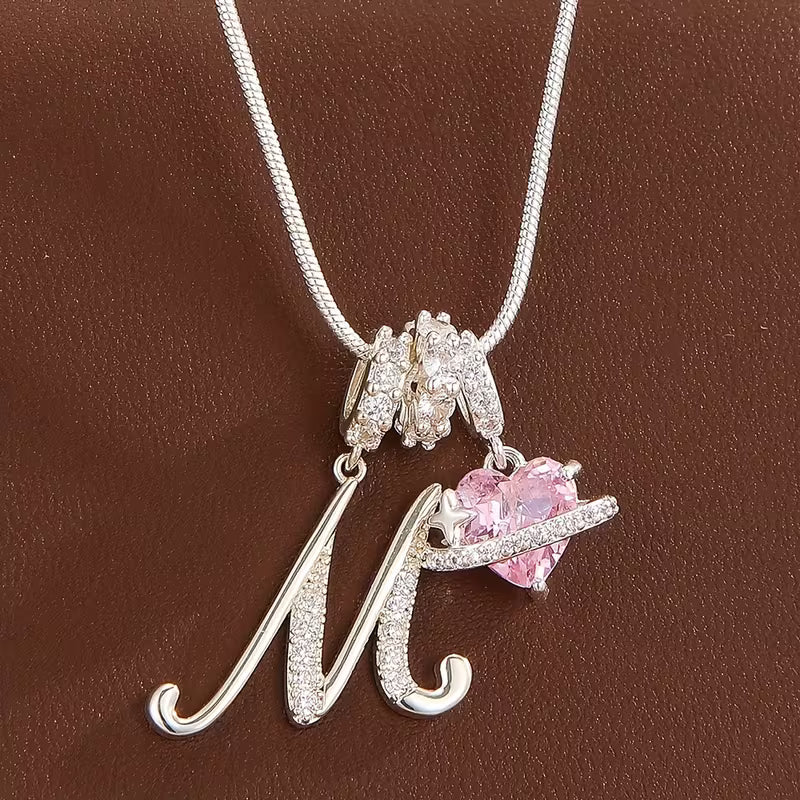 Women's Pink Heart Initial Letter Pendant Clavicle Chain Necklace Jewelry