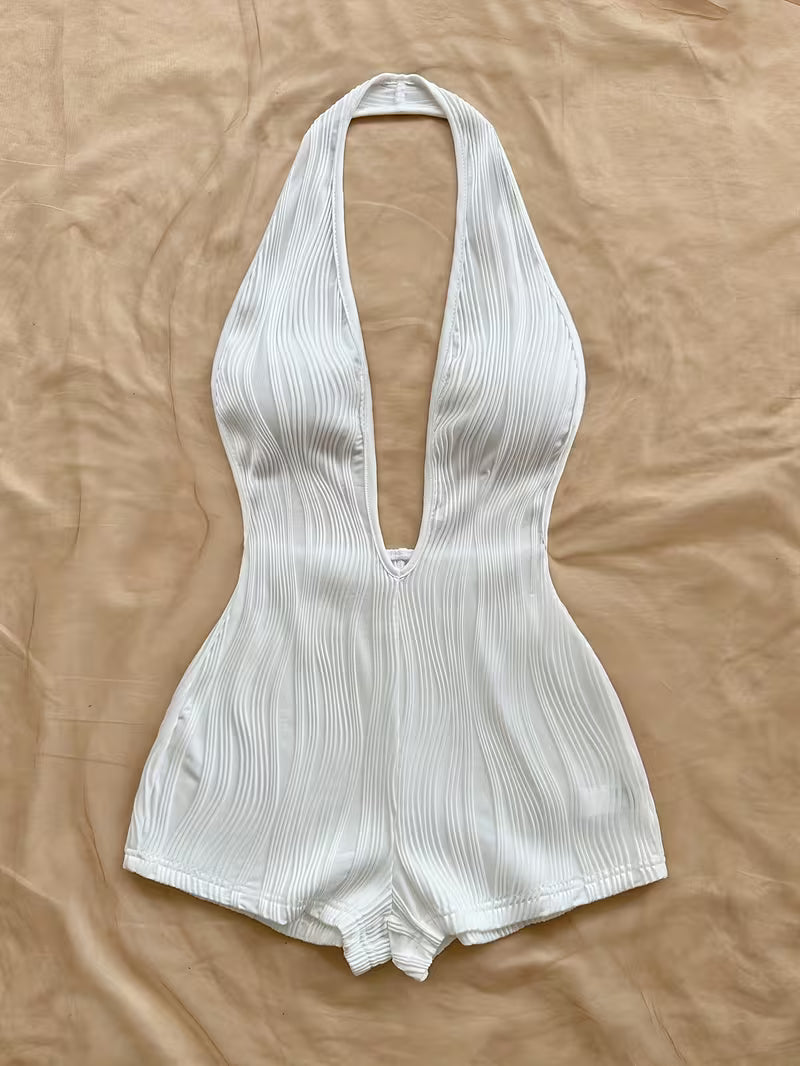 Women's Vacation Bodysuit Wavy Deep V-Neck Open Back
