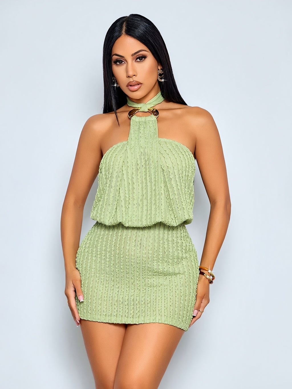 Women's Textured Halter Mini Dress Elegant Vacation Party