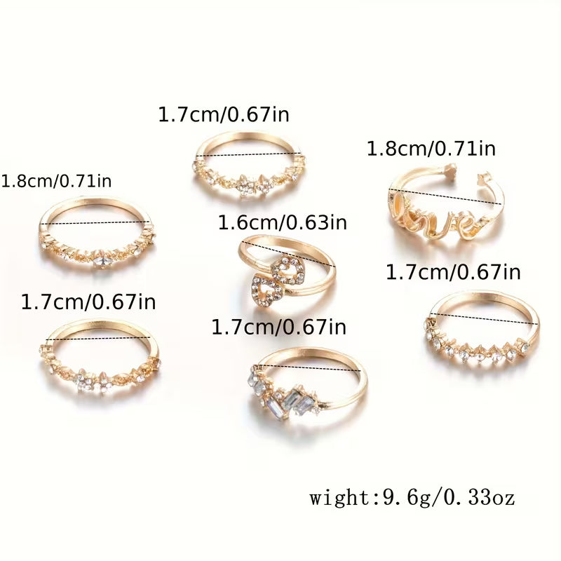 Women's Romantic Love Letter LOVER Stackable 7-Piece Ring Set Jewelry