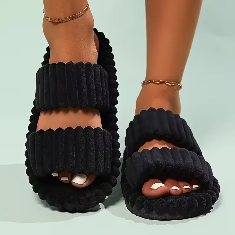 Women's Plush Half-Toe Slippers Striped Open-Toe Indoor Footwear