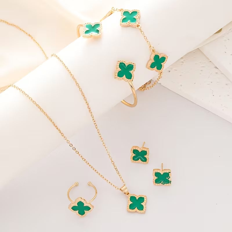 Women's Four-Leaf Clover Plated Matching Suite Bracelet Earrings Necklace Ring Jewelry Set