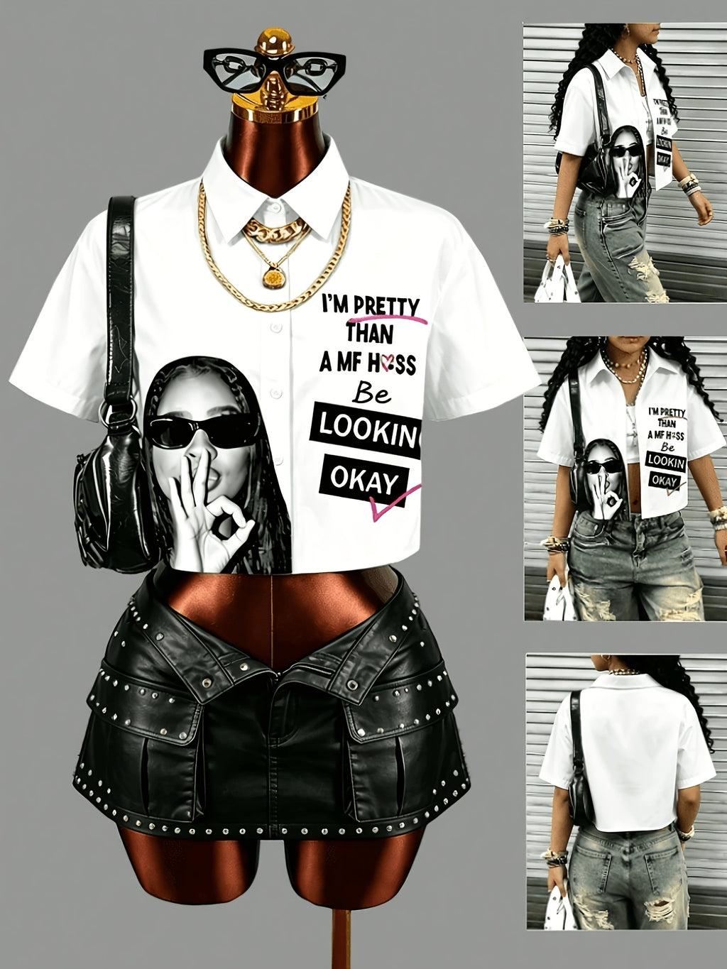 Women's Elegant OK Gesture Printed Lapel Collar Shirt