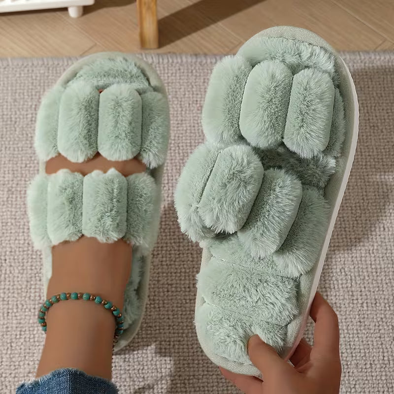 Women's Plush Half-Toe Slippers Striped Open-Toe Indoor Footwear
