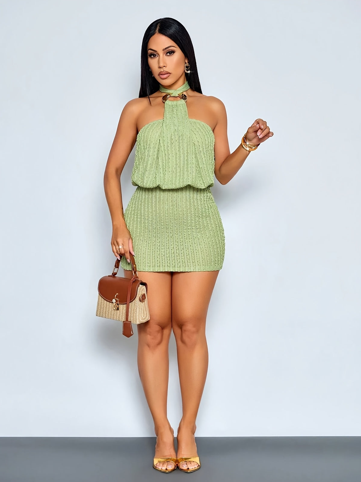 Women's Textured Halter Mini Dress Elegant Vacation Party