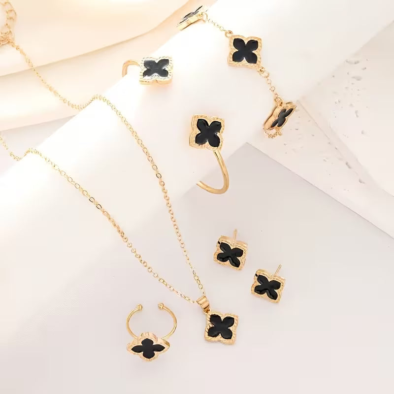 Women's Four-Leaf Clover Plated Matching Suite Bracelet Earrings Necklace Ring Jewelry Set
