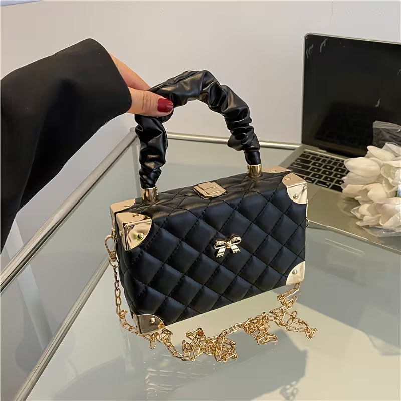 Women's Quilted Mini Box Bag Elegant Ruched Handle