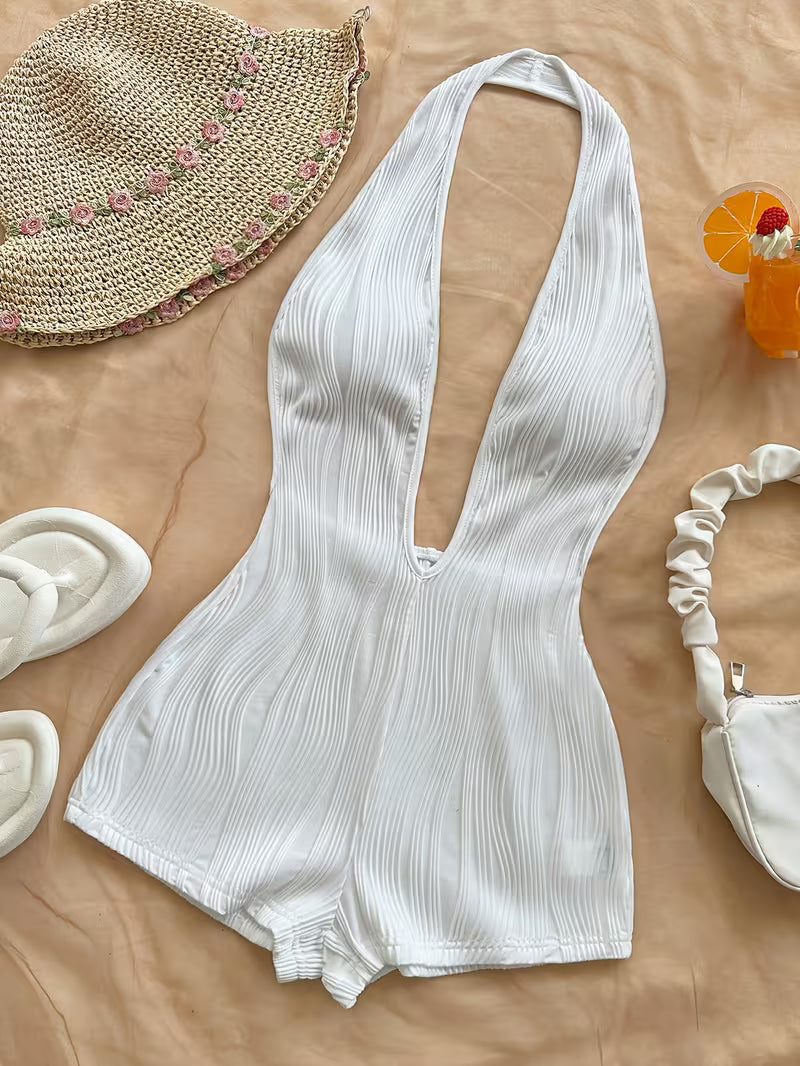 Women's Vacation Bodysuit Wavy Deep V-Neck Open Back