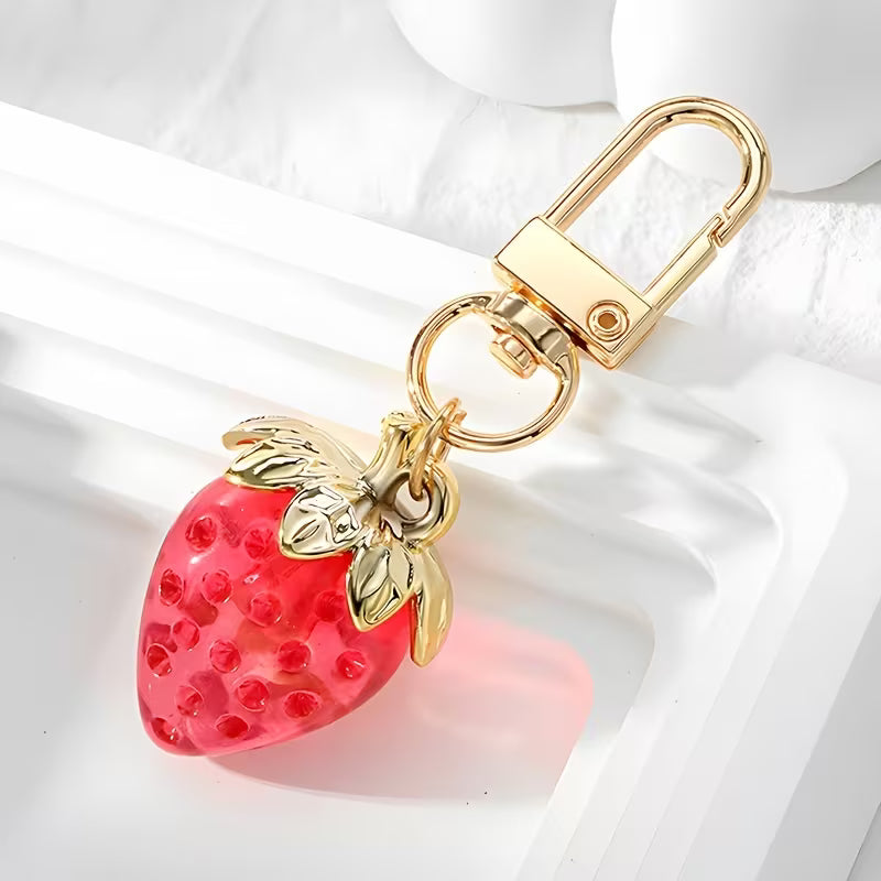 Women's Realistic Transparent Strawberry Pendant Bag Charm Keychain Jewelry