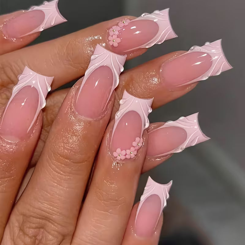 Women's 24-Piece Medium Square Flower Metal Bead Press-On Nails