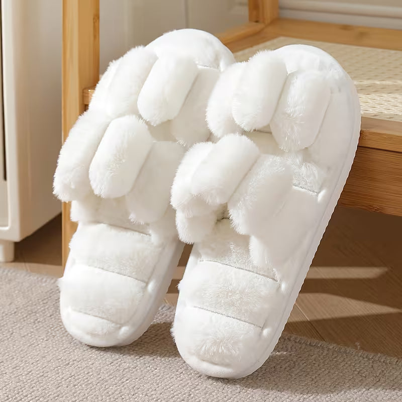 Women's Plush Half-Toe Slippers Striped Open-Toe Indoor Footwear