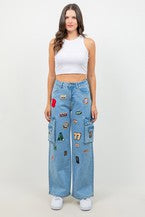 Women's Multiple Patching Wide Leg Straight Jeans RJH-11165