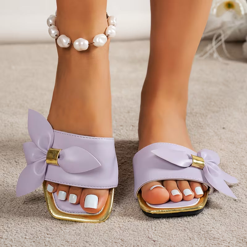 Women's Elegant Bow Knot Square Toe Flat Sandals