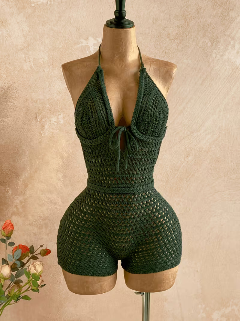 Women's Textured Halter Neck Summer Vacation Short Jumpsuit