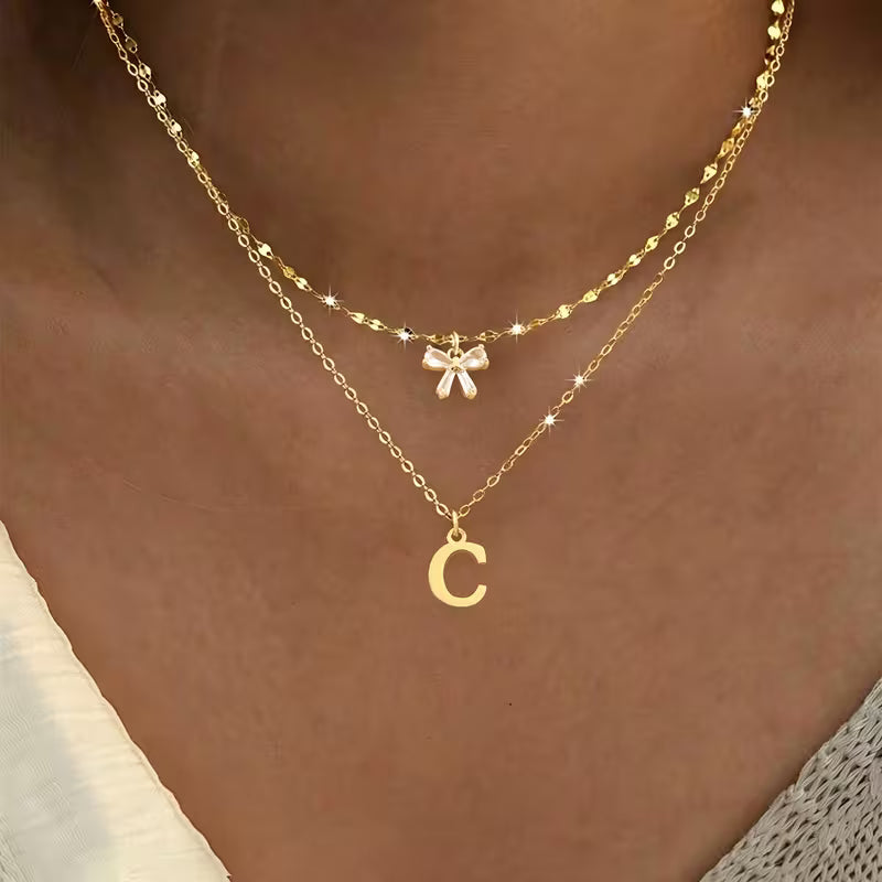 Women's Crystal Bow Initial Pendant Stainless Steel Lip Chain Necklace Set