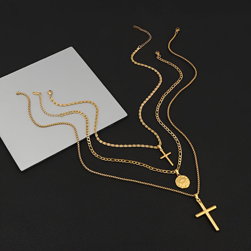 Unisex Cross Disc Pendant Plated Stainless Steel 3-Piece Necklace Jewelry