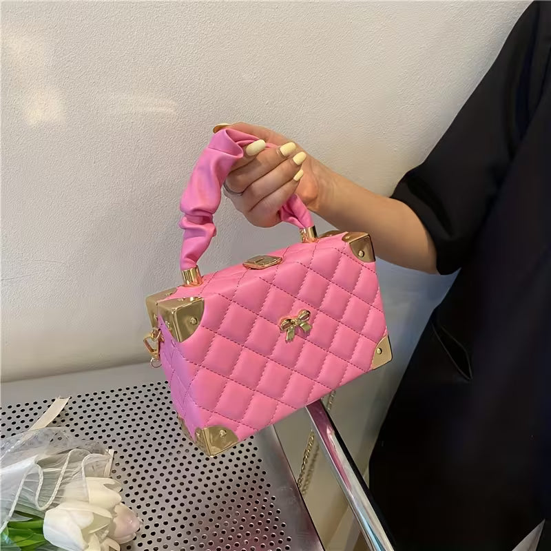 Women's Quilted Mini Box Bag Elegant Ruched Handle