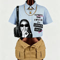 Women's Stylish Striped Portrait Print Lapel Collar Cropped Shirt