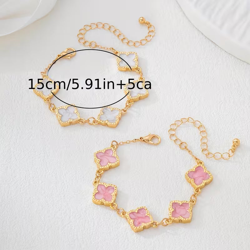 Women's Four-Leaf Clover Enamel Pendant Minimalist Bracelet Set Jewelry