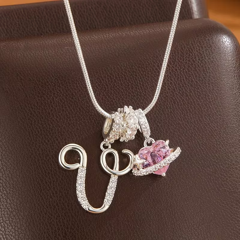 Women's Pink Heart Initial Letter Pendant Clavicle Chain Necklace Jewelry