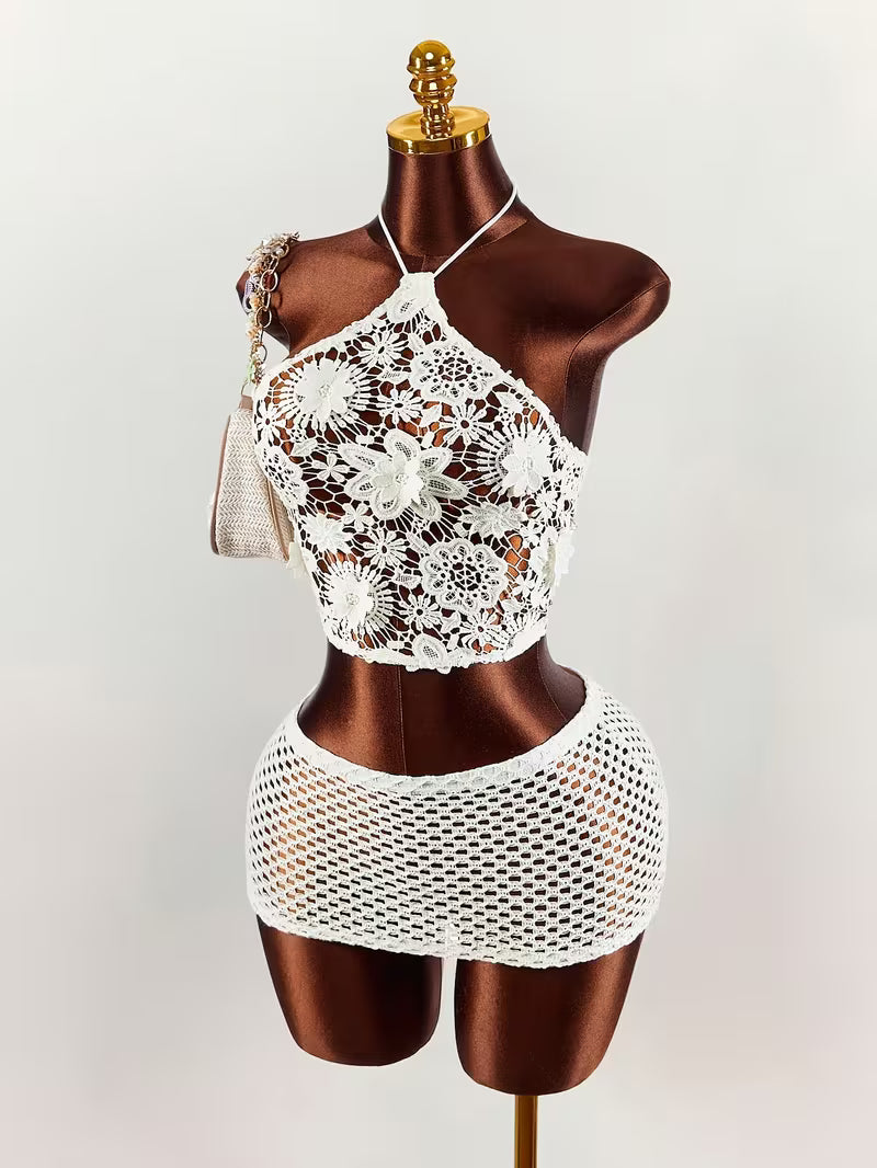 Women's Lace Halter Tie-Back Crop Top Mini Skirt Set