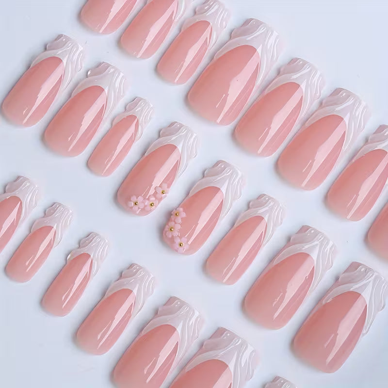 Women's 24-Piece Medium Square Flower Metal Bead Press-On Nails