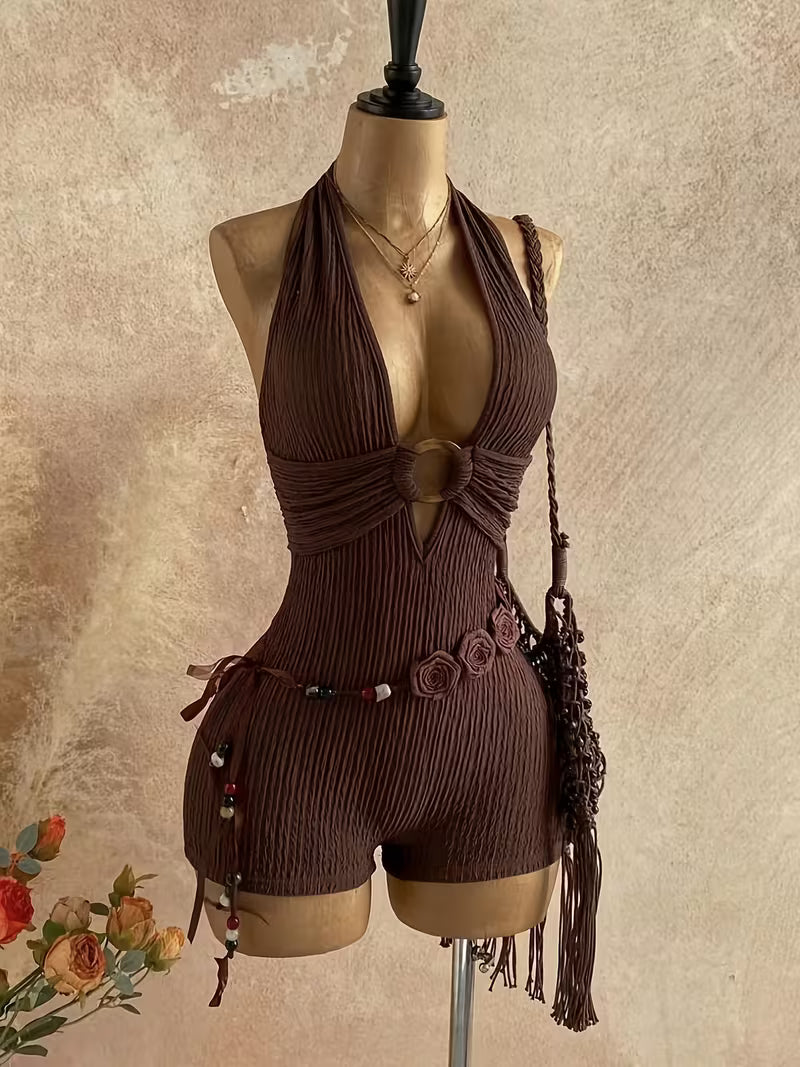 Women's Backless Deep V-Neck Ring Design Minimalist Solid Jumpsuit