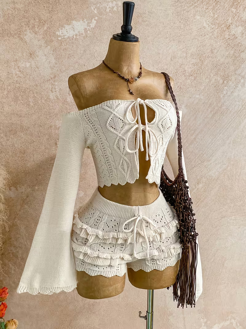 Women's Fashionable Shoulder Tie Front 2-Piece Sweater Set