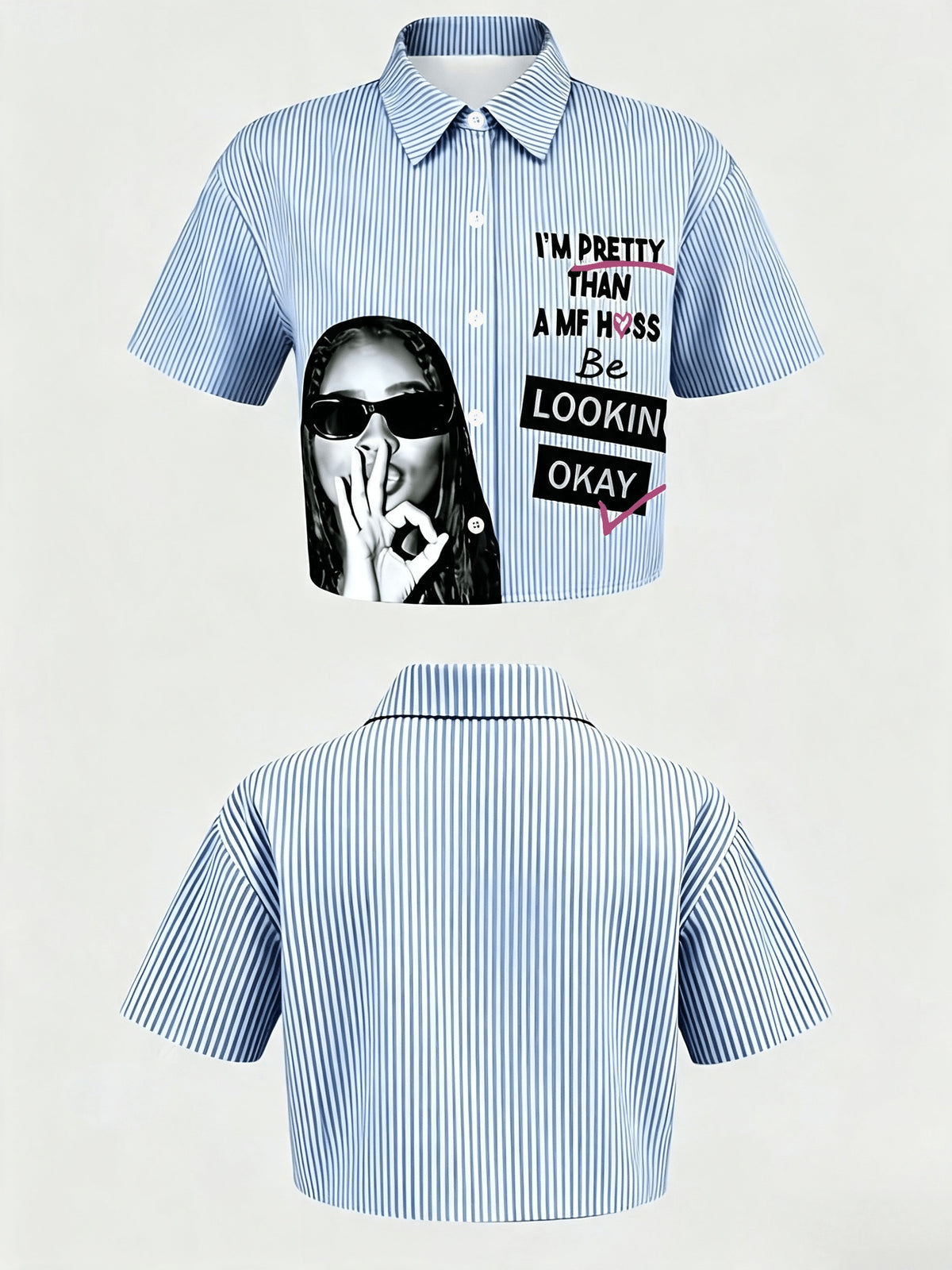 Women's Stylish Striped Portrait Print Lapel Collar Cropped Shirt