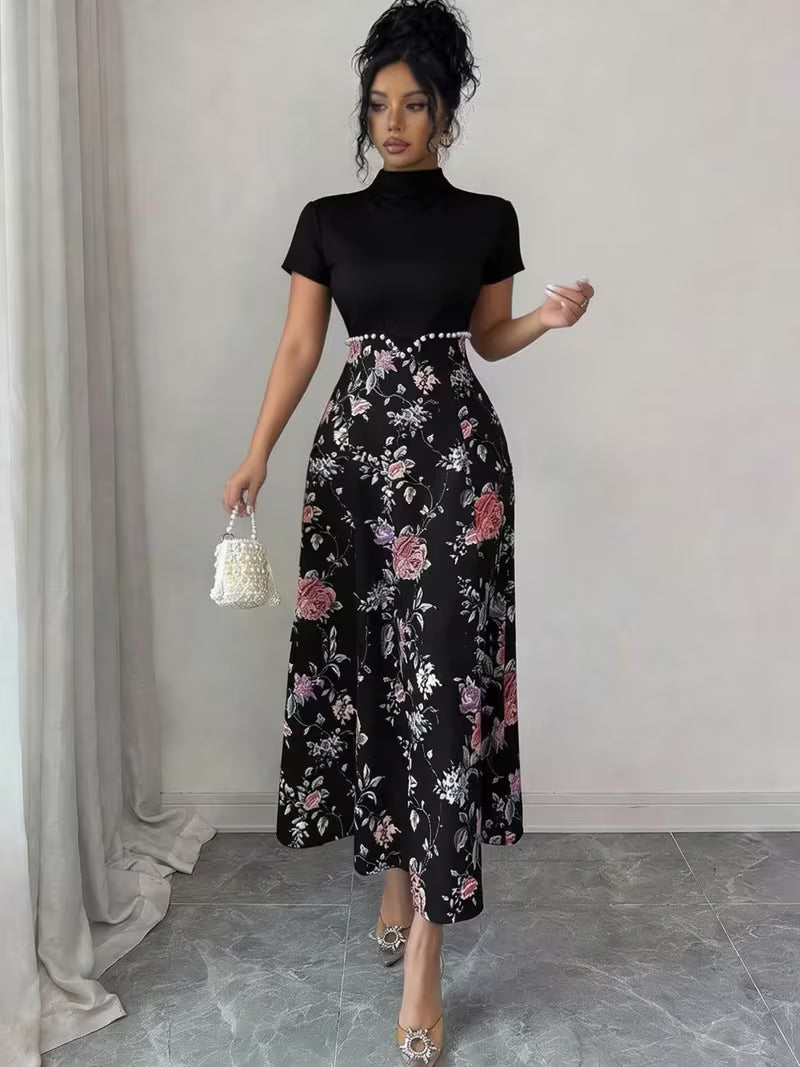 Women's Elegant Floral Print High Neck Dress Beaded Waist