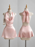 Women's Elegant Backless Halter Satin Texture Mini Dress