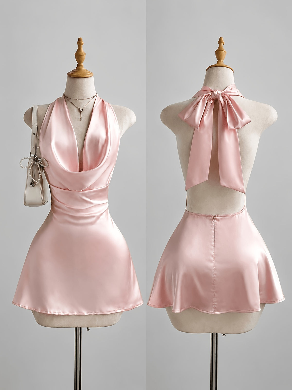 Women's Elegant Backless Halter Satin Texture Mini Dress