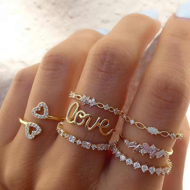 Women's Romantic Love Letter LOVER Stackable 7-Piece Ring Set Jewelry