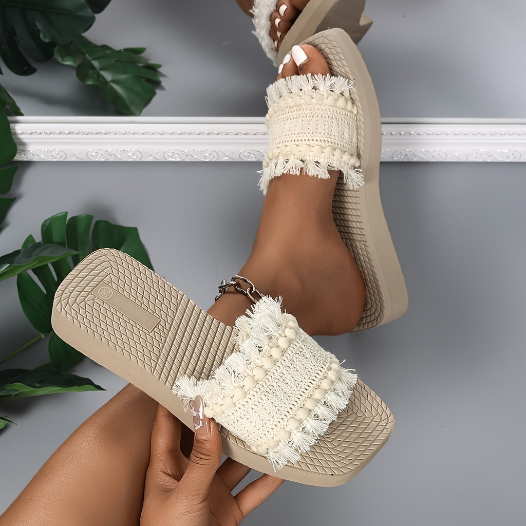 Women's Casual Beach Thick Sole Slides Tassel Sandal