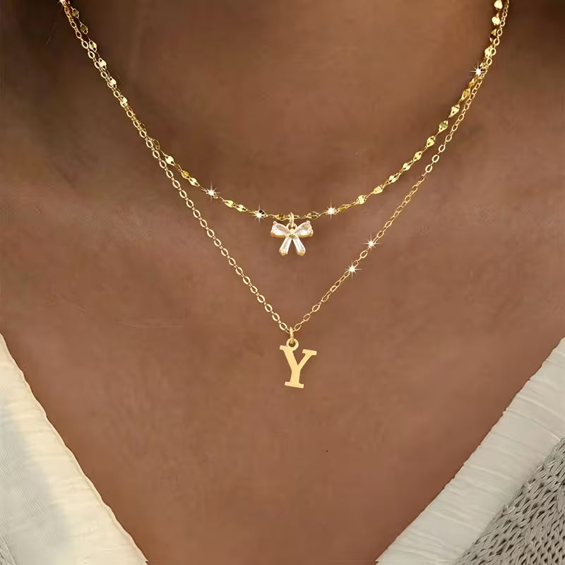 Women's Crystal Bow Initial Pendant Stainless Steel Lip Chain Necklace Set