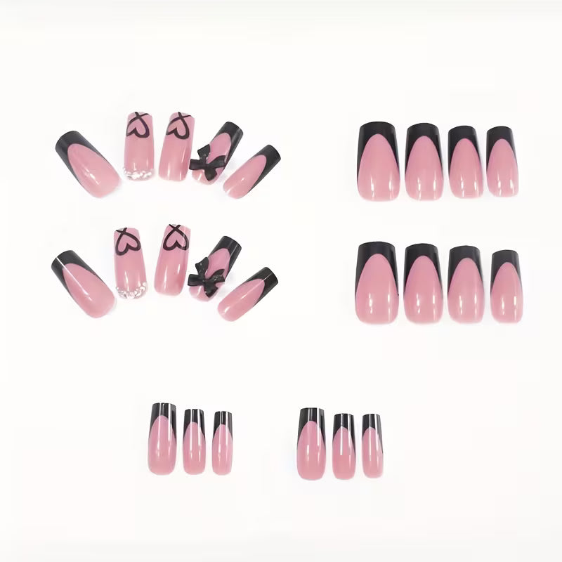 Women's 24 Pcs Press-On Nails Black French Tip Bow Design Square Medium