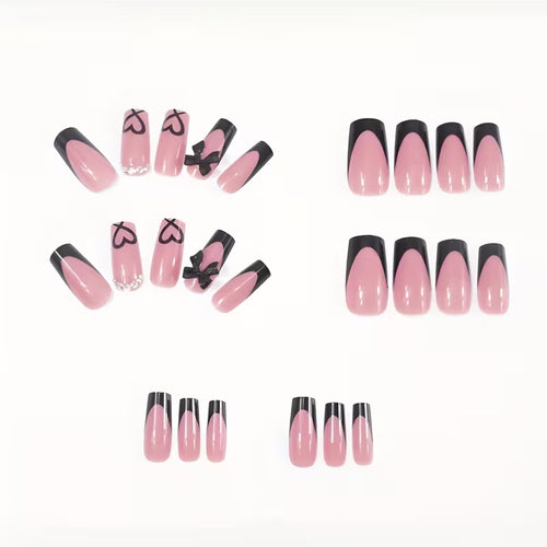 Women's 24 Pcs Press-On Nails Black French Tip Bow Design Square Medium