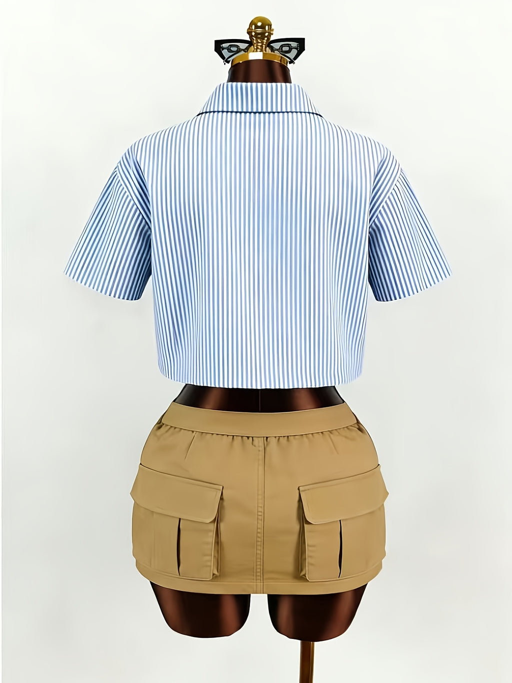 Women's Stylish Striped Portrait Print Lapel Collar Cropped Shirt