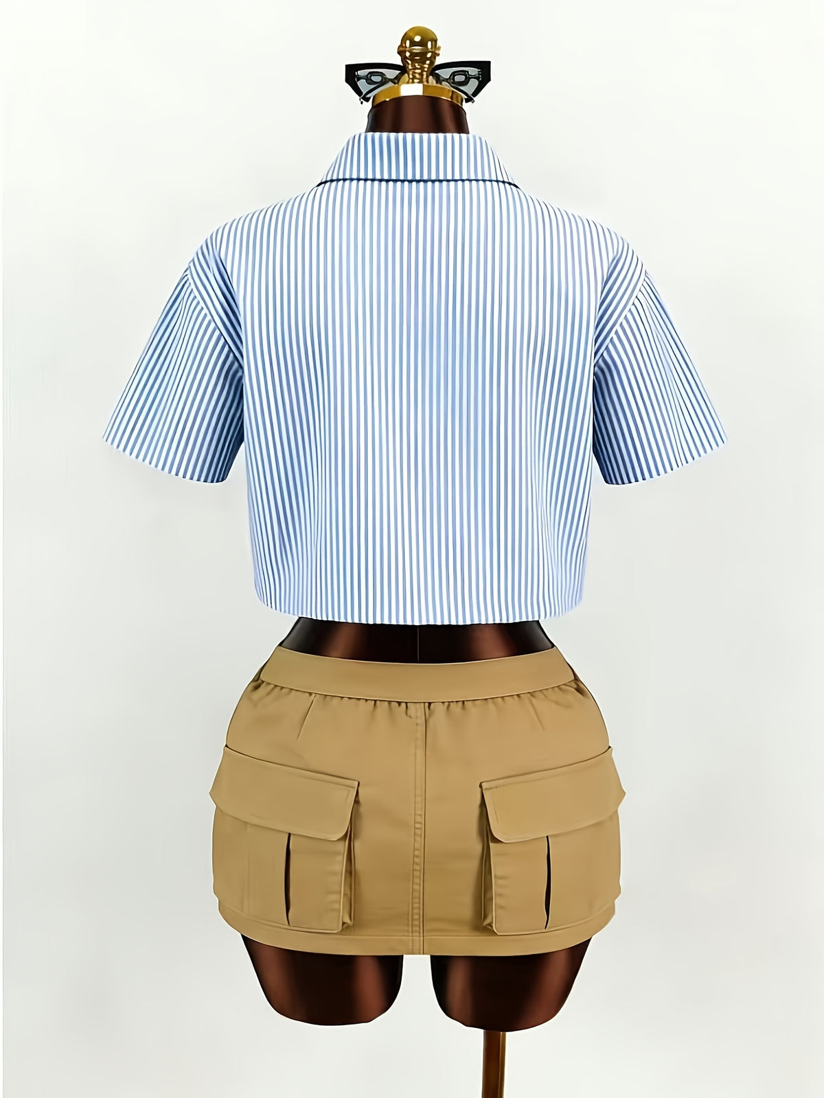 Women's Stylish Striped Portrait Print Lapel Collar Cropped Shirt