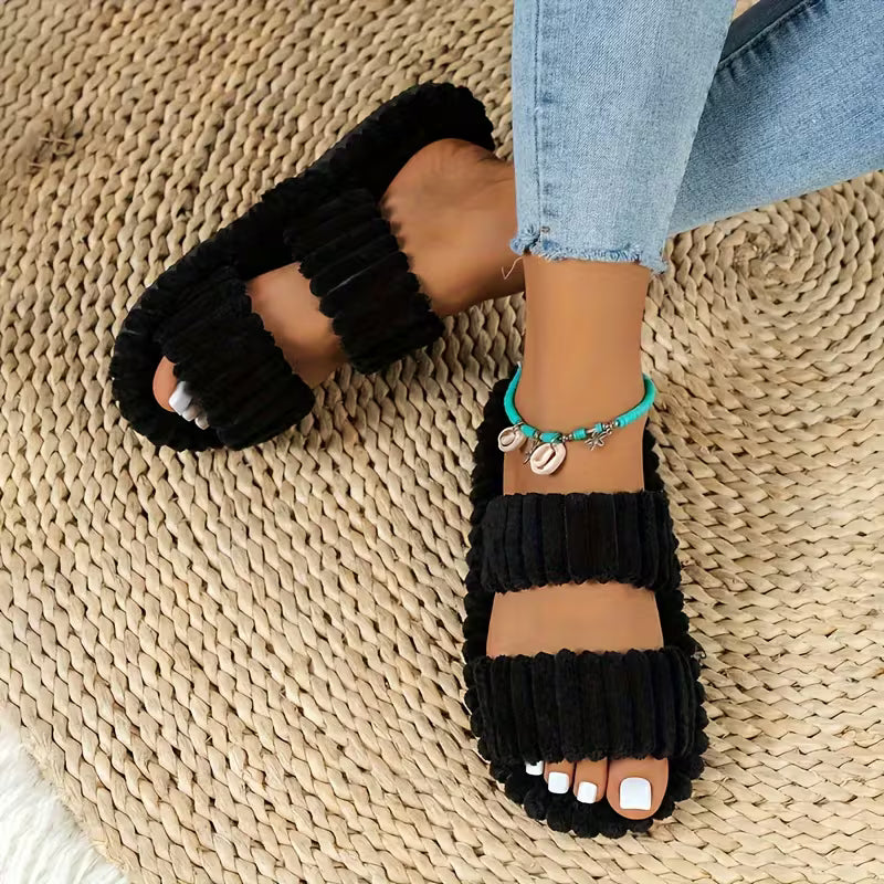 Women's Plush Half-Toe Slippers Striped Open-Toe Indoor Footwear