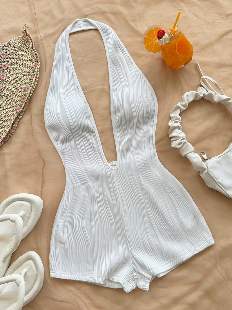 Women's Vacation Bodysuit Wavy Deep V-Neck Open Back