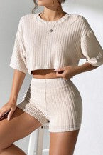 Women's Crew Neck Crop Tee Shorts Set ElYSSZJYY-6475