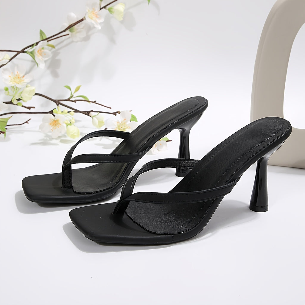 Women's Square Toe Thong Strap High Heel Mules