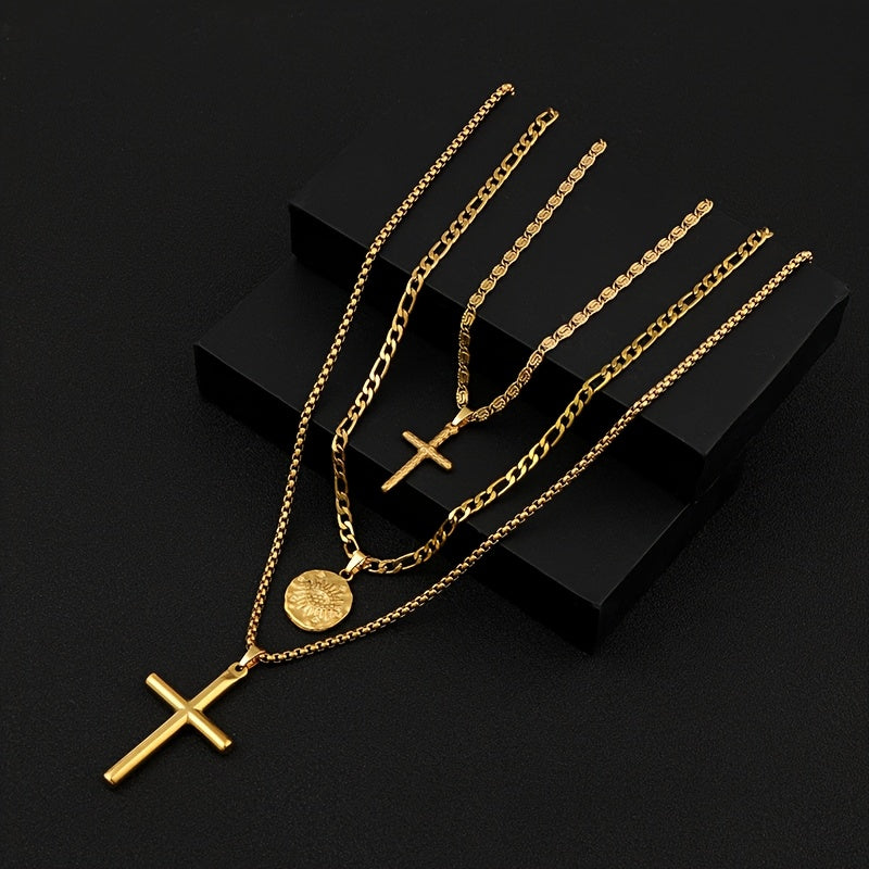 Unisex Cross Disc Pendant Plated Stainless Steel 3-Piece Necklace Jewelry